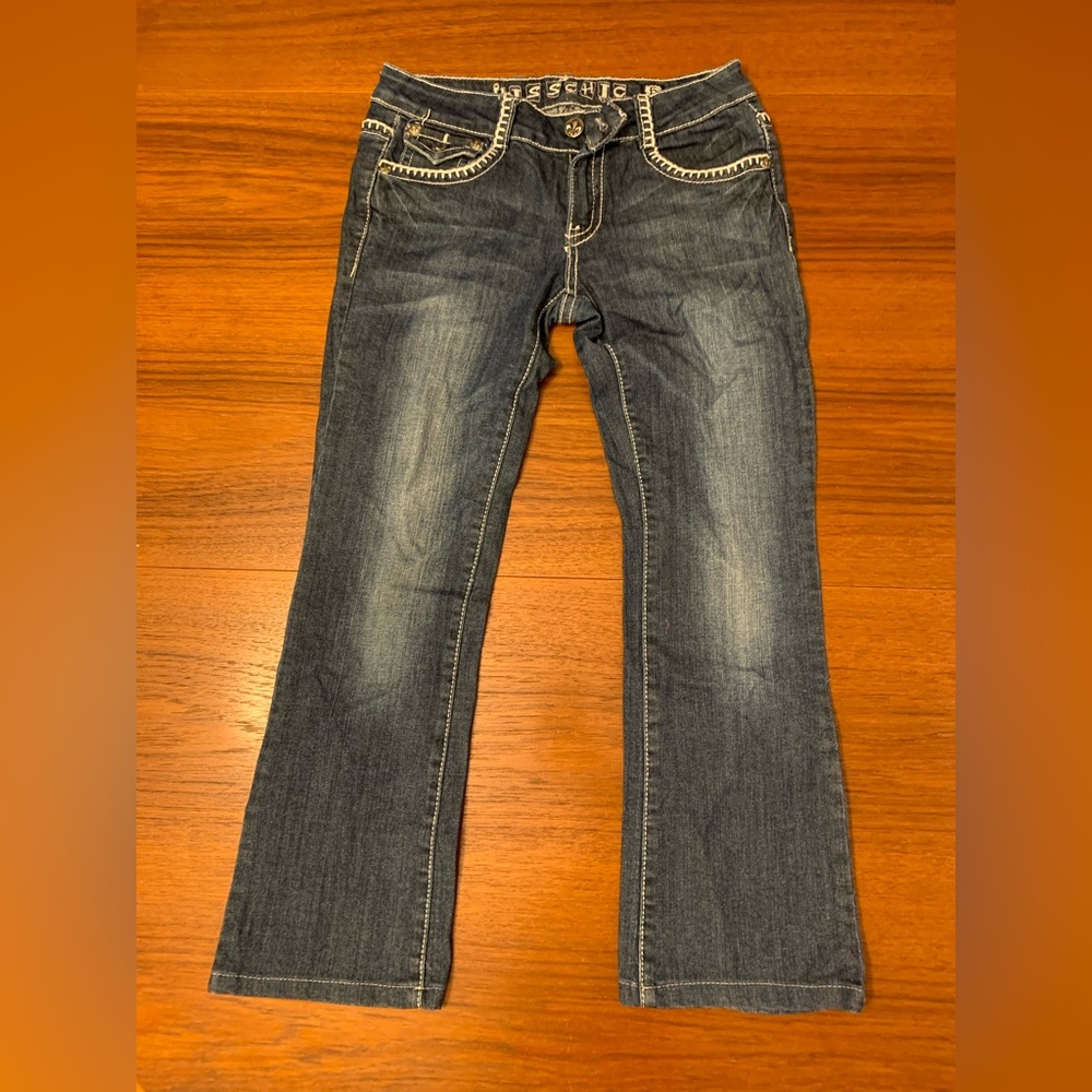 Miss Chic USA low rise flared jeans.